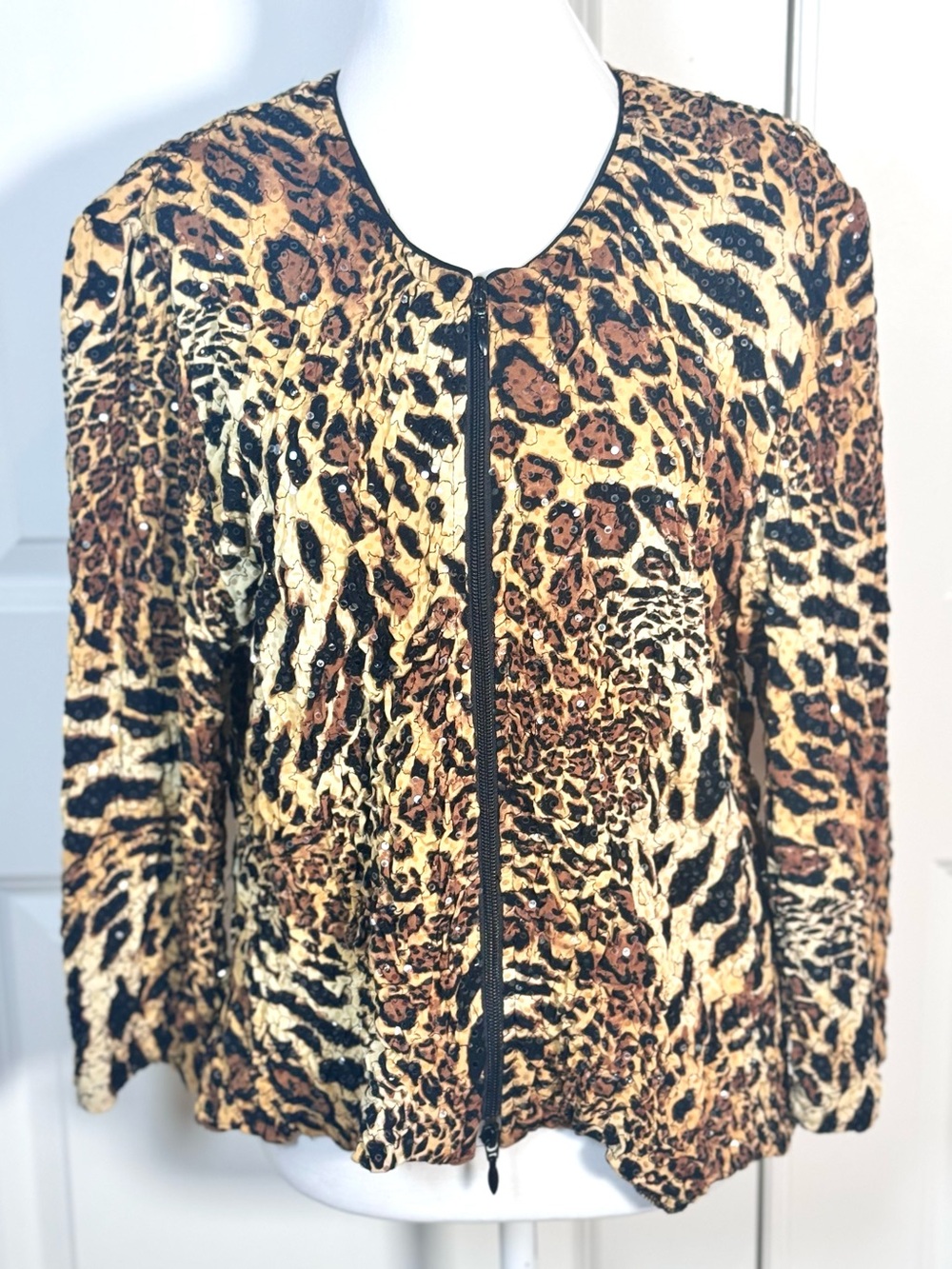 Joseph Ribkoff Leopard Zebra Animal Print Sequin Zip Jacket 16 Mob Wife Glam